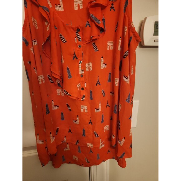Maeve by Anthropologie Orange Sleeveless Top Ruffles & Famous Buildings Size 12 - Picture 4 of 11